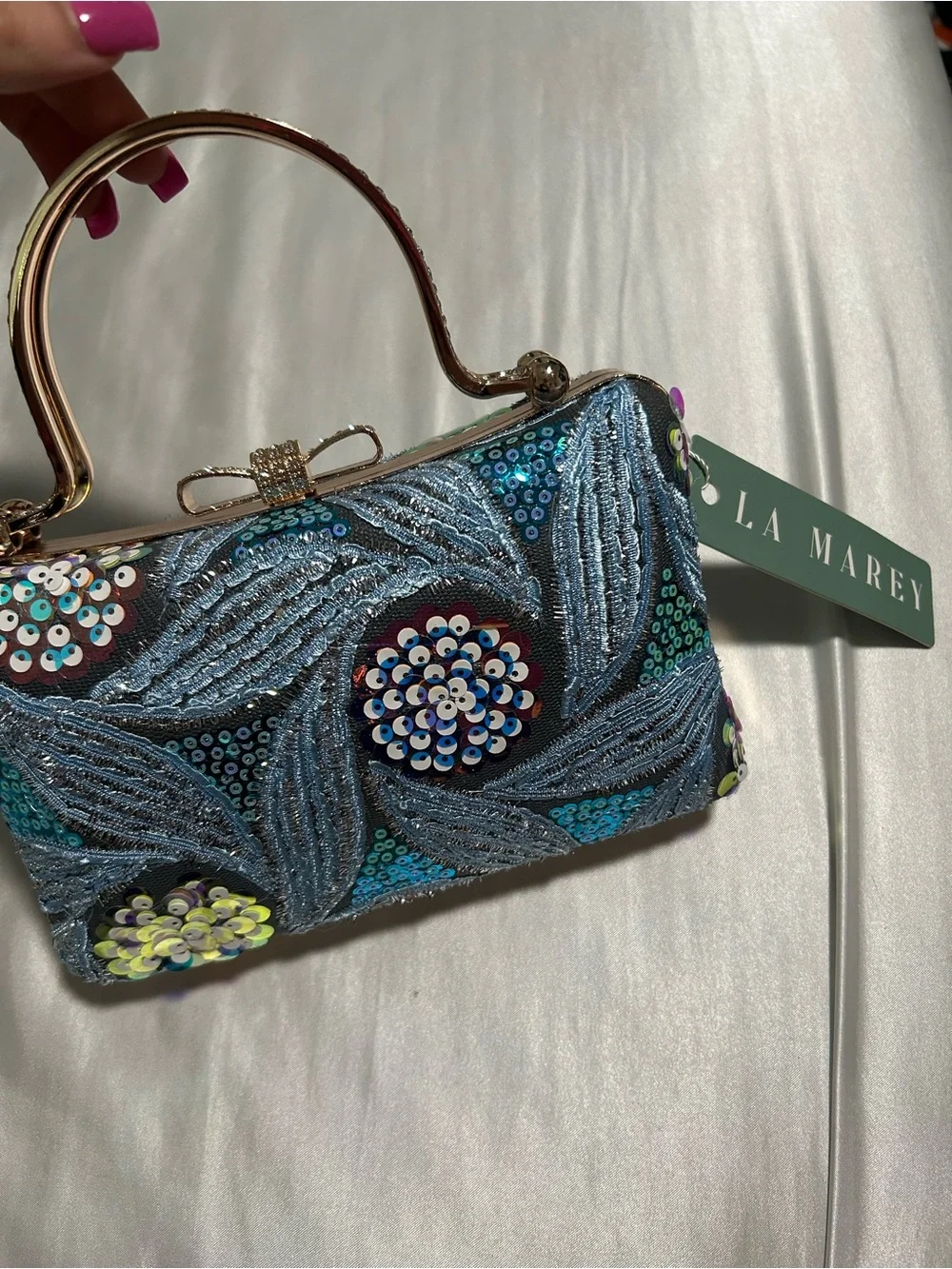 Blue Sequin Embellished Top-Handle Clutch
